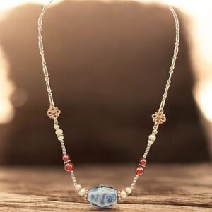 Vintage sterling silver Elegant Blue and Red Beaded Necklace
